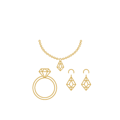 Sieraden Gouden sieraden set met een ketting, ring en oorbellen met diamantvormige pendants.