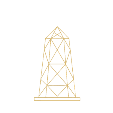 Punten Geometrische toren met een gouden lijntekening en een puntige bovenkant.